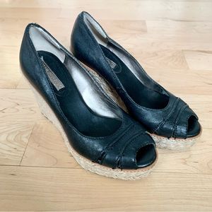 Black Leather Espadrille Wedges